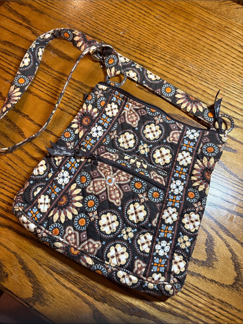 Vera Bradley Brown Floral Quilted Crossbody with Cream and Orange Accents